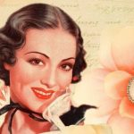 Nostalgisk illustration af smilende kvinde med blomster