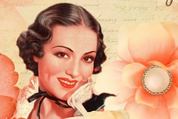 Nostalgisk illustration af smilende kvinde med blomster