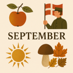 Septemberillustration med æble, Dannebrog og efterårsblade