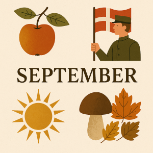 Septemberillustration med æble, Dannebrog og efterårsblade