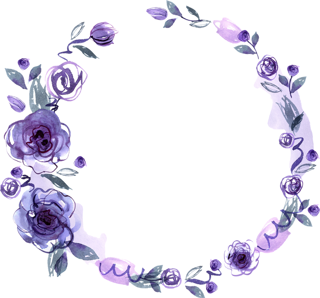Rund akvarel-blomsterkrans i lilla toner