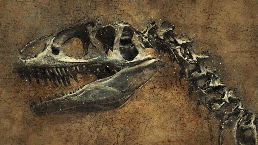 Dinosaurskelet som relief i sten