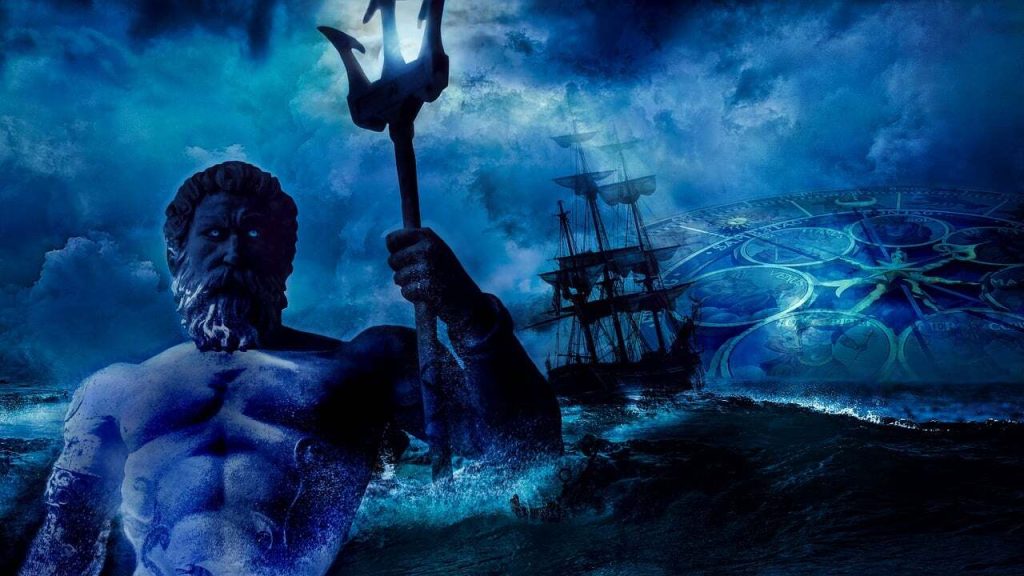 Neptunstatue med trefork foran sejlskib