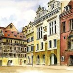 Akvarel af historiske byhuse