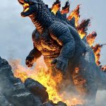 Godzilla-lignende monster omgivet af flammer