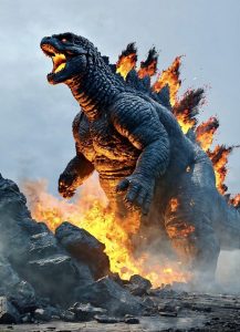 Godzilla-lignende monster omgivet af flammer