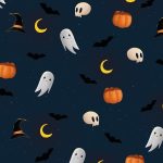 Halloween-mønster med spøgelser, græskar og flagermus