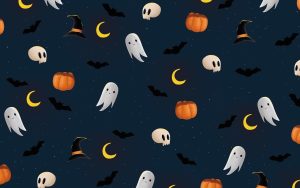 Halloween-mønster med spøgelser, græskar og flagermus